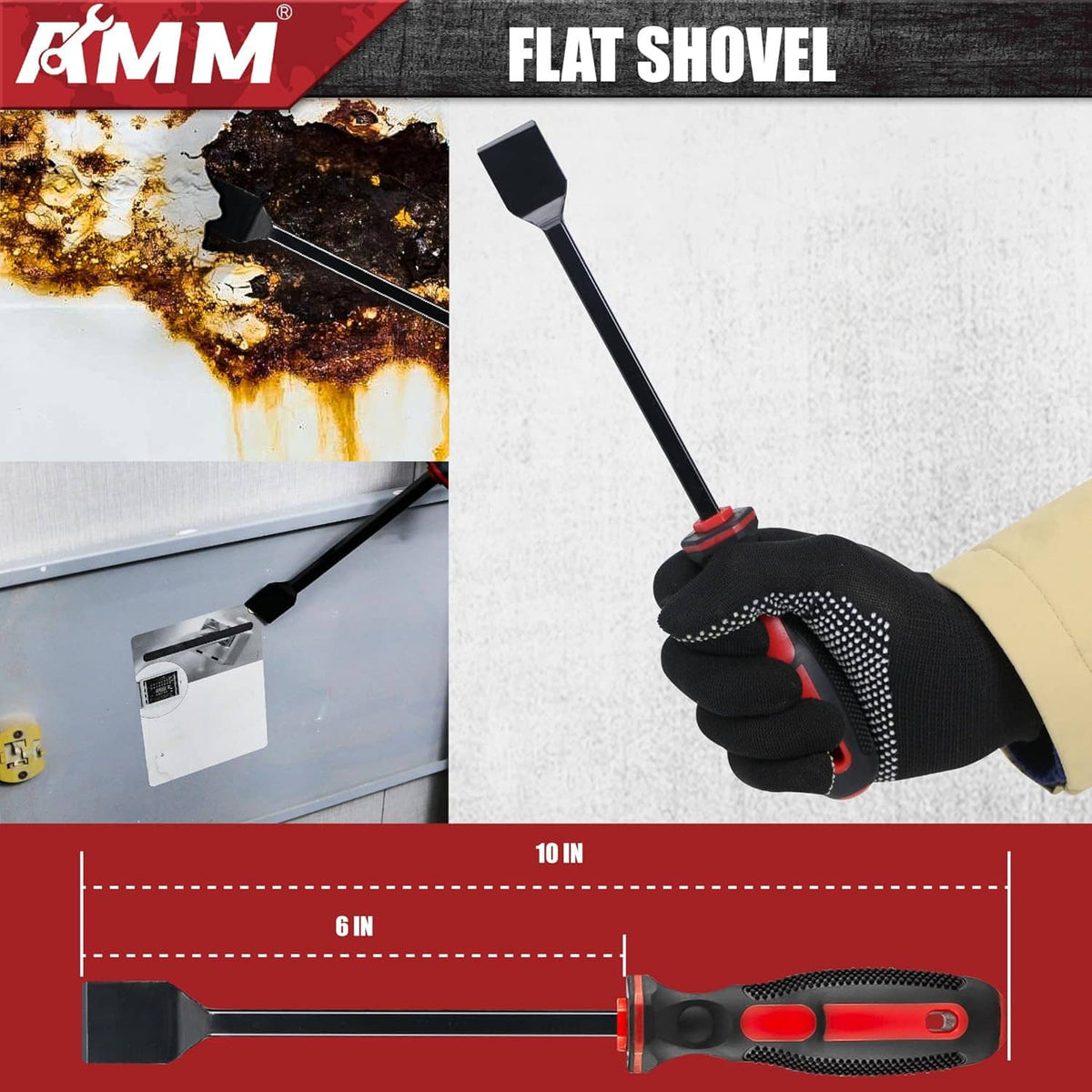 Flat shovel scraper tool with black blade and red-and-gray ergonomic handle