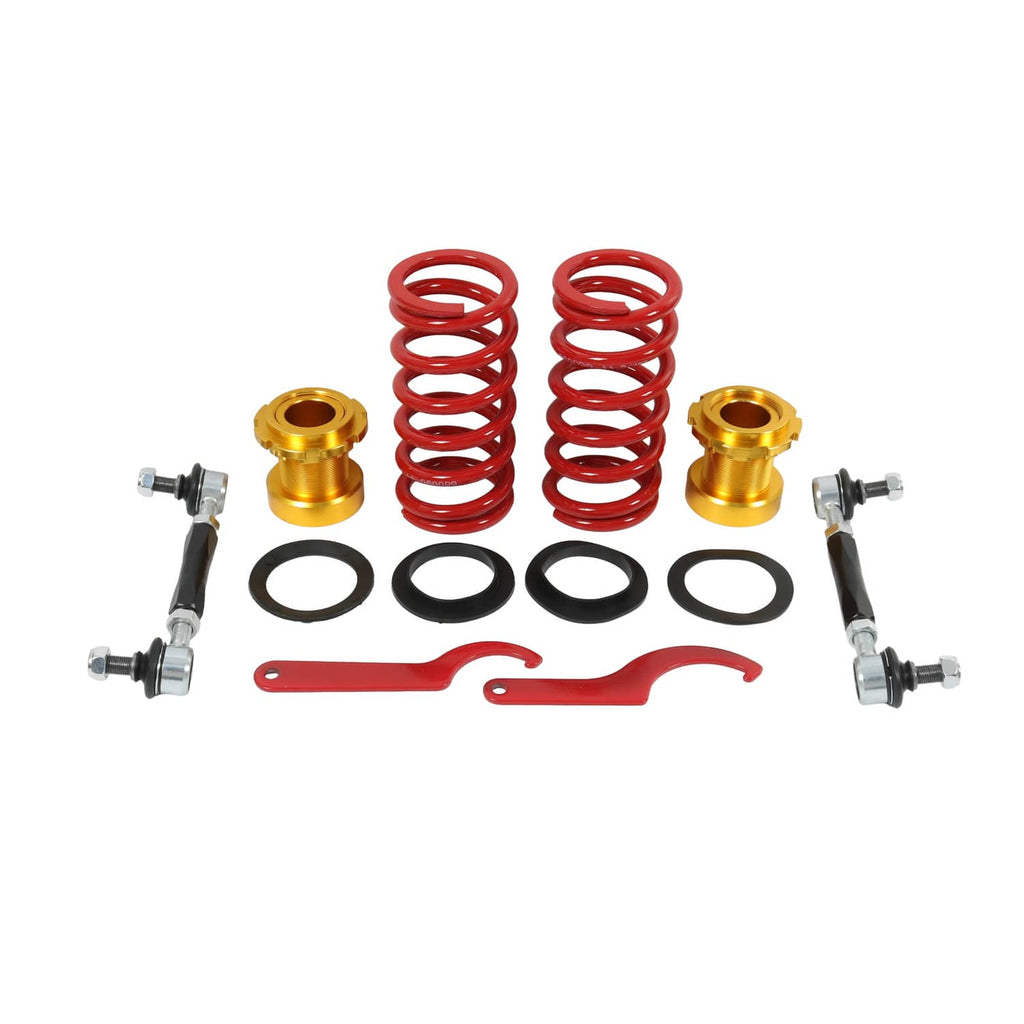 Coilover spring kit with red springs, gold mounts, black collars, and hardware
