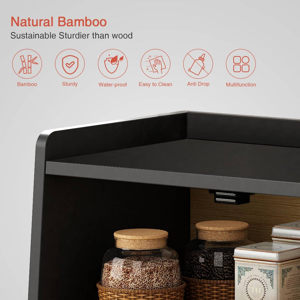 Black two-tier bread box with open front and wooden interior shelves for stored goods
