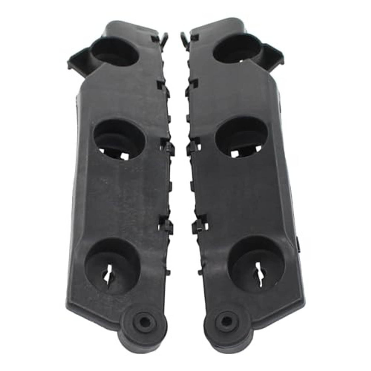 Front bumper bracket pair in black plastic, showing circular holes and bottom mounting boss.