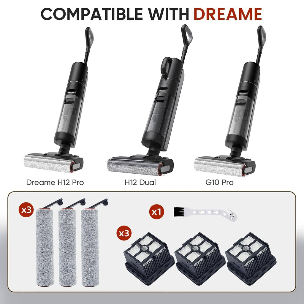 Roller brush and filter replacements with gray sleeves and black filter frames
