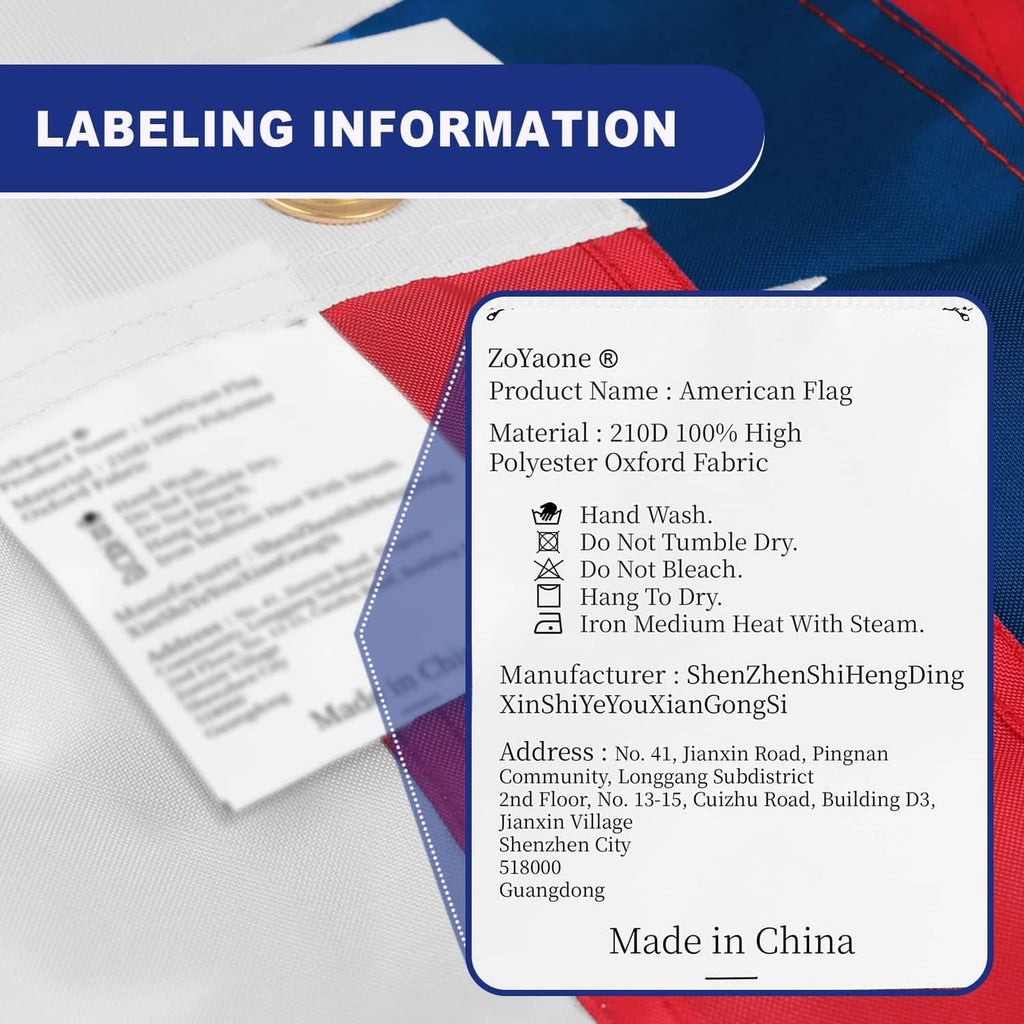 American flag product label tag with printed materials and care instructions