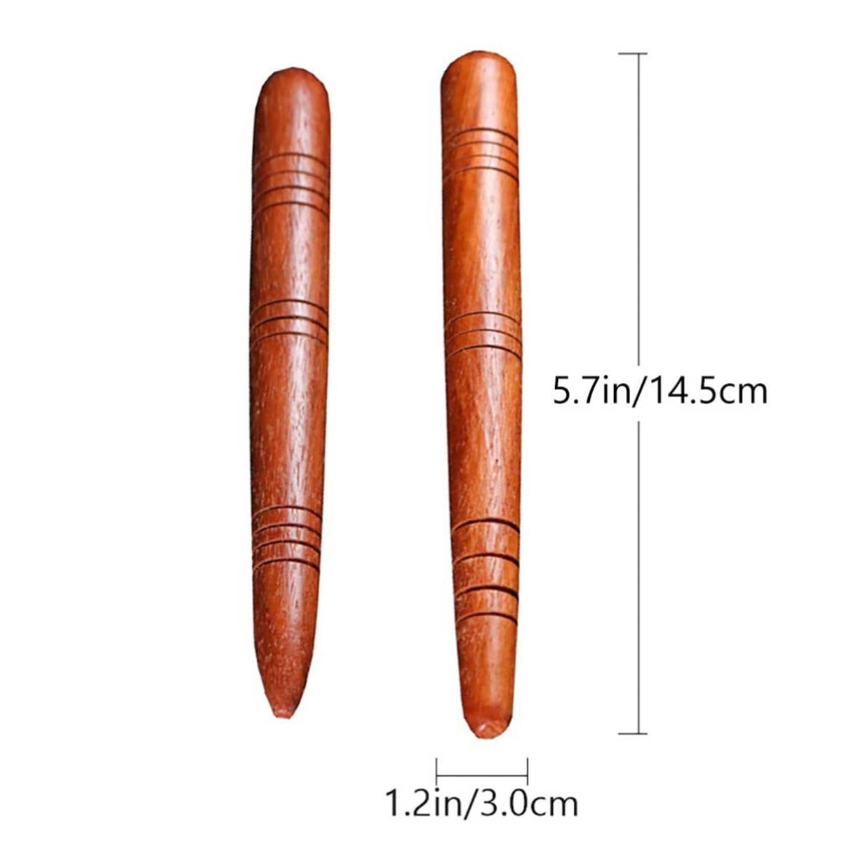 Two brown wooden acupressure massage pens with ridged bands and pointed ends