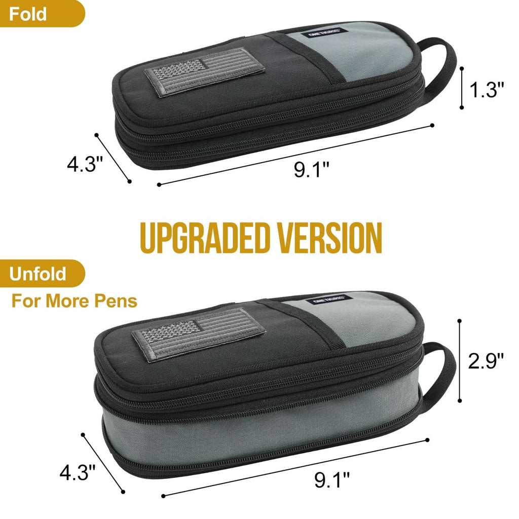 Compact zip pencil case pouch with stitched label tab and measured dimensions
