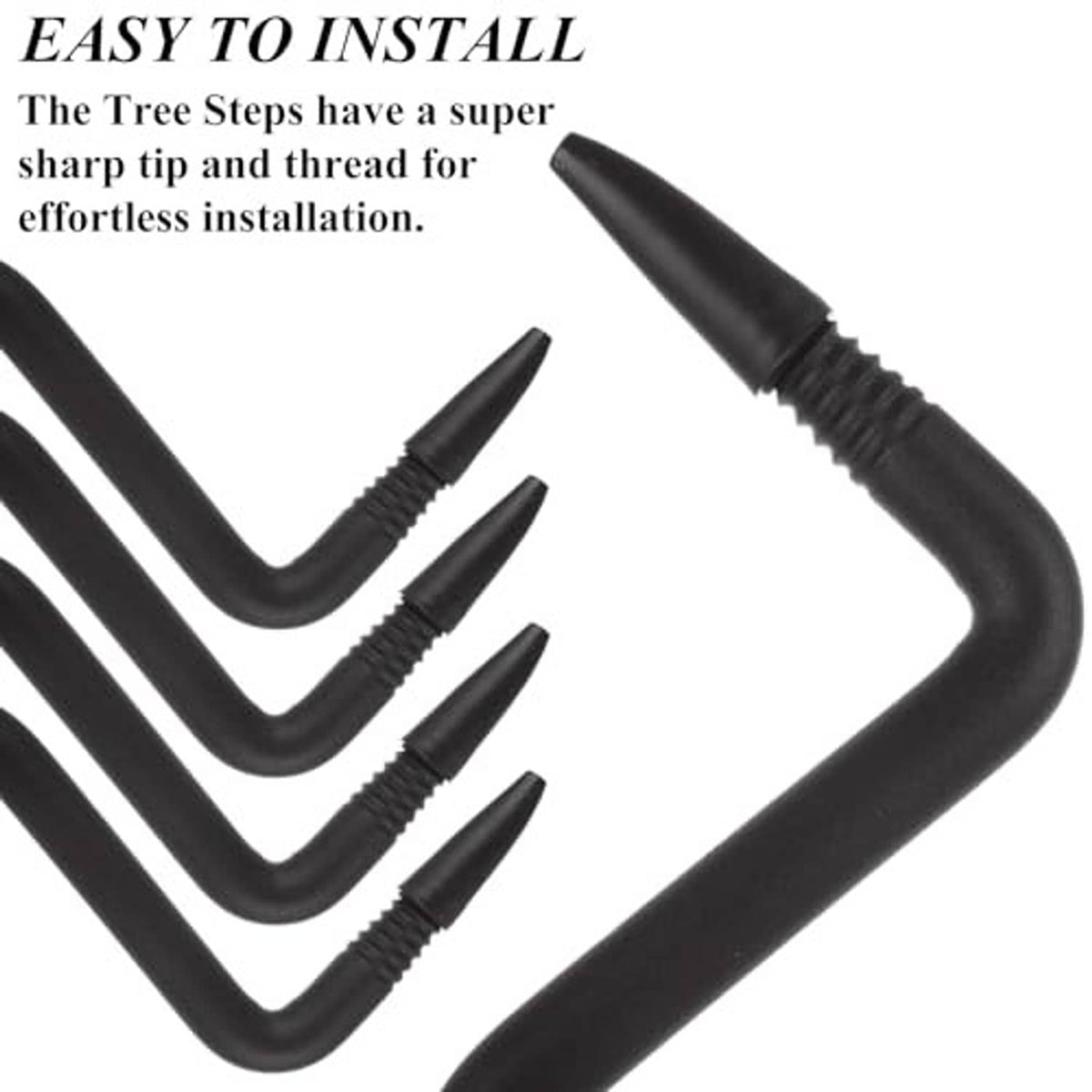 Multiple black screw-in tree steps with pointed screw tips and curved footholds