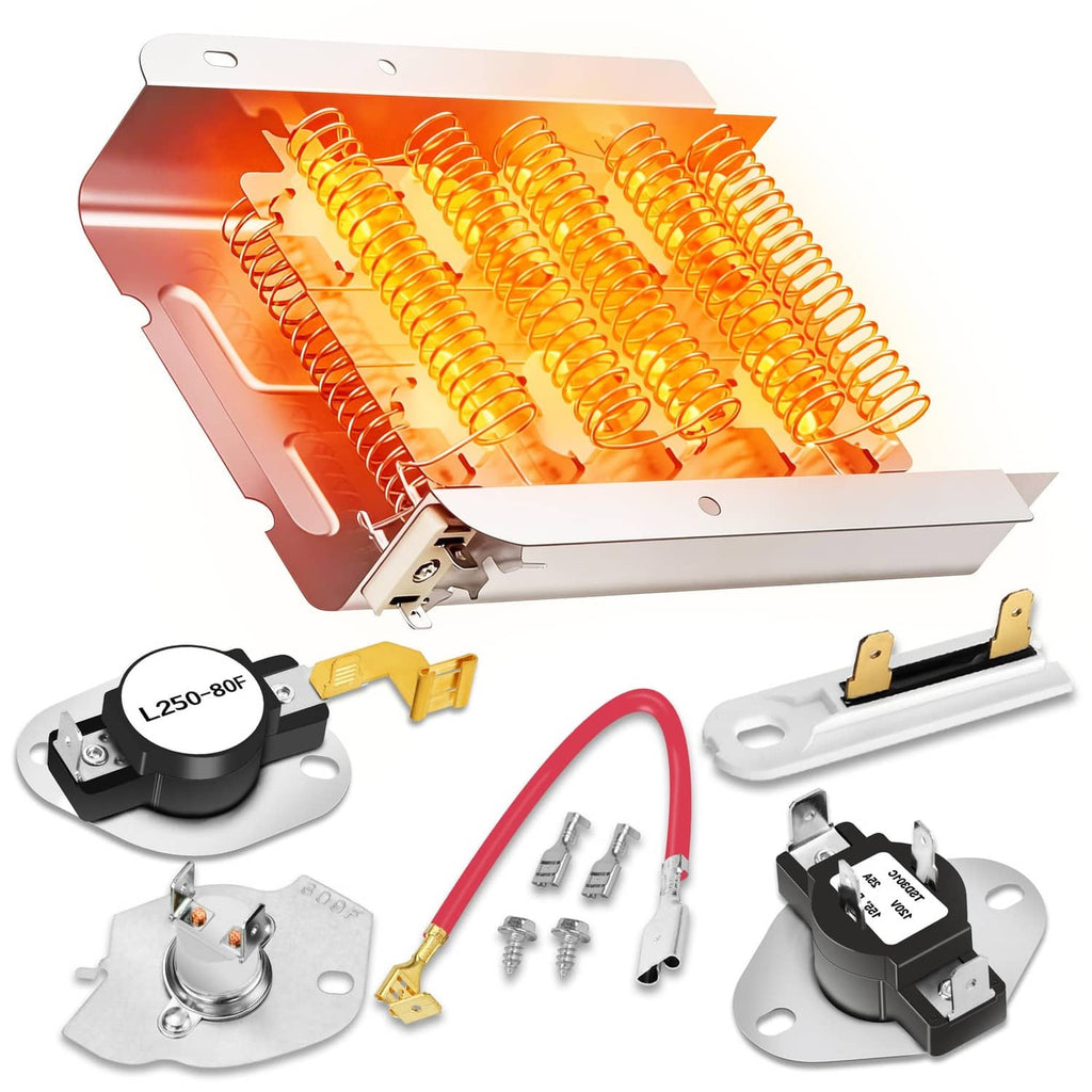 Clothes dryer heating element assembly with orange heating coils and mounting bracket