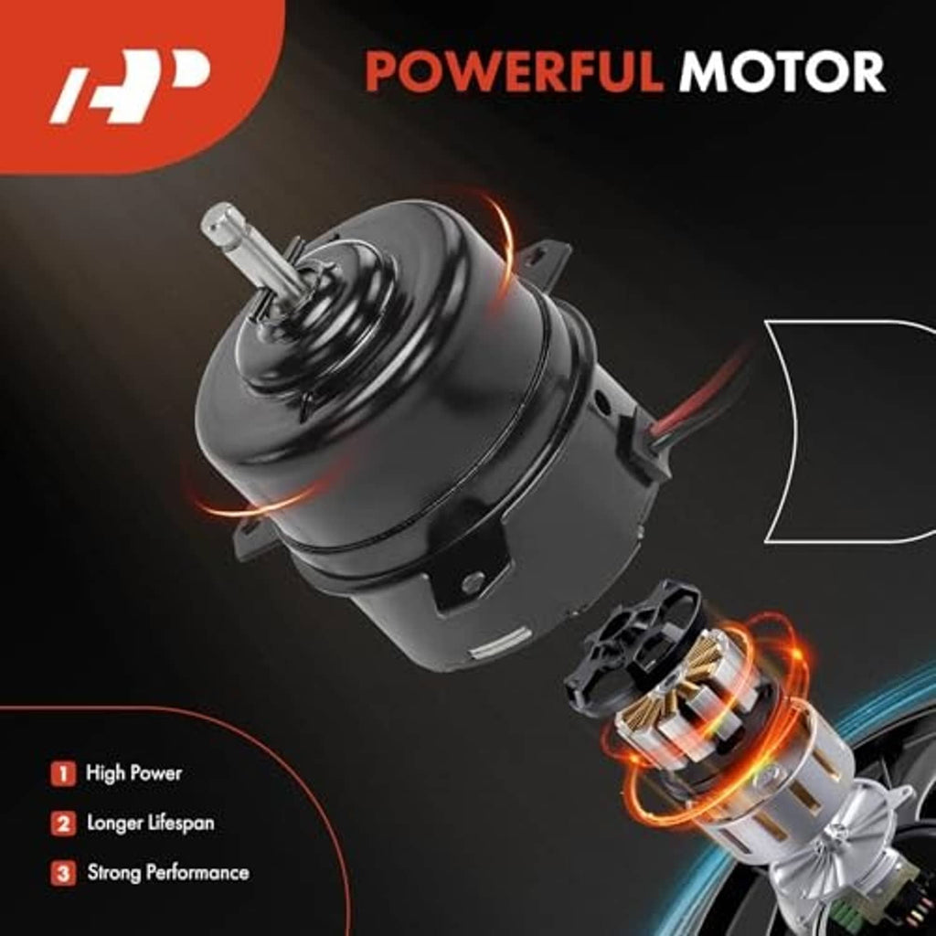 Radiator fan motor with black housing and red wiring, shown at an angle