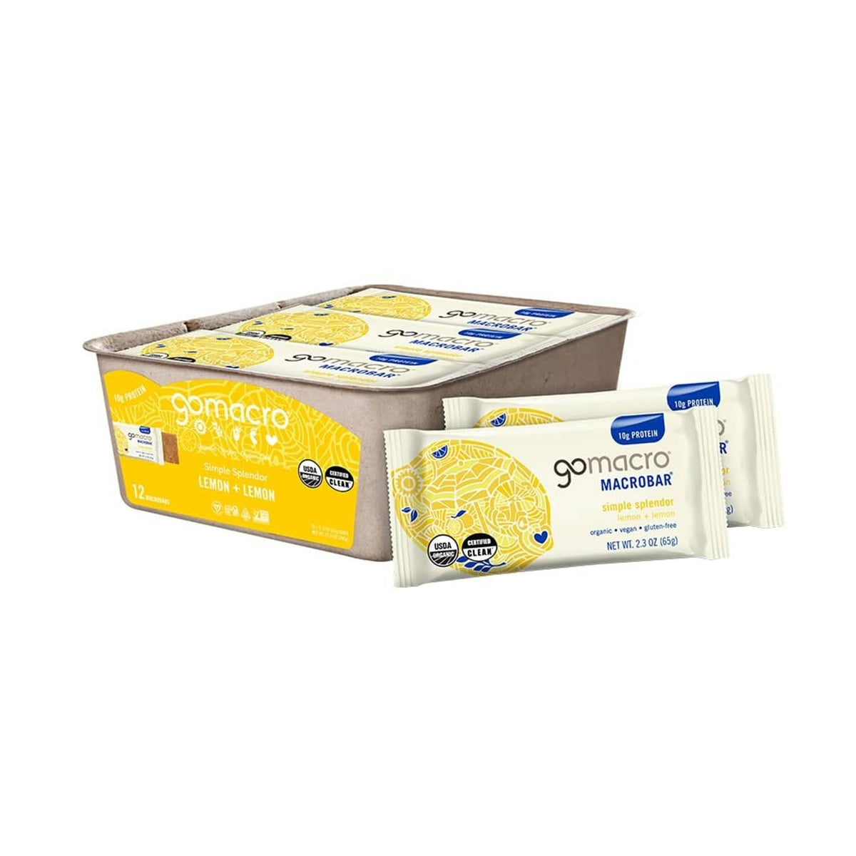 Gomacro organic lemon protein bar multipack with carton and wrapped bars