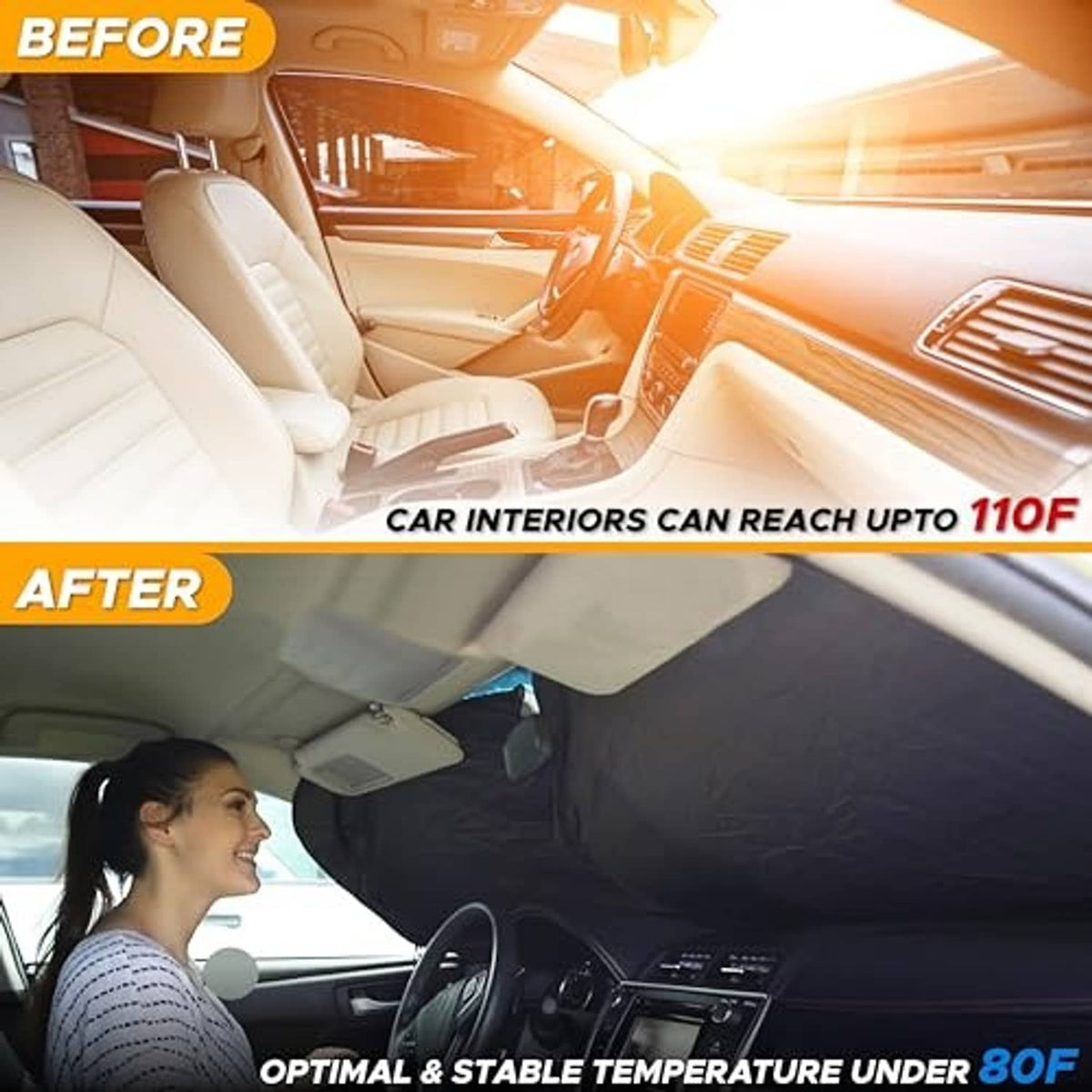 Car windshield sun shade covering the windshield to help reduce heat buildup