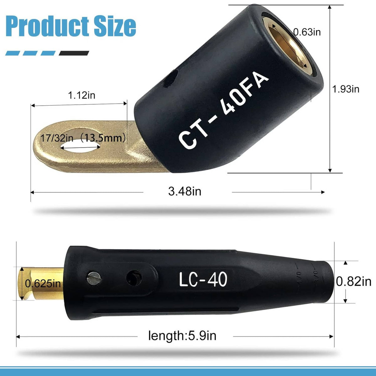 CT-40FA angle connector and LC-40 cable connector with visible size proportions