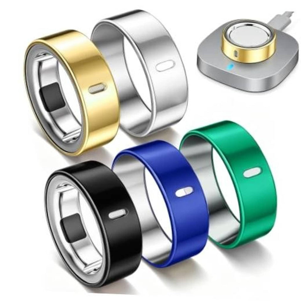 Set of five TPU ring covers: gold, silver, black, blue, and green