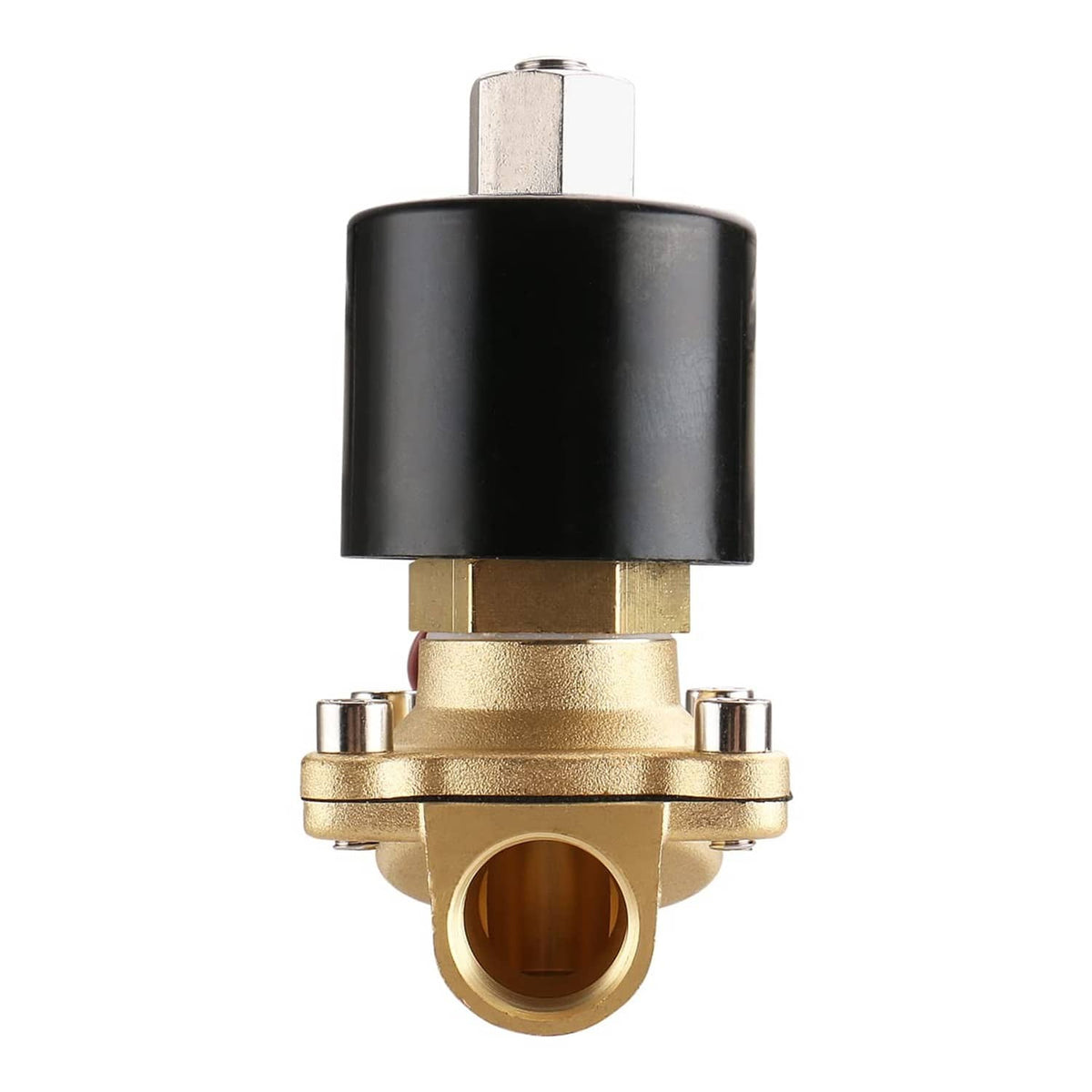 Brass electric solenoid valve with vertical black coil and circular outlet opening