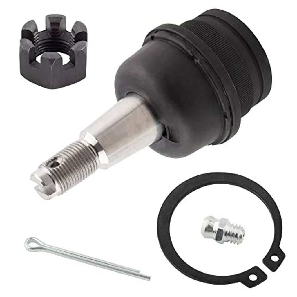 Ball joint assembly with black boot, silver stud, and snap ring with pin