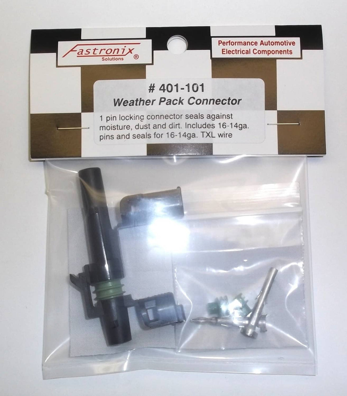 1-pin Weather Pack connector kit in retail bag with green seal and metal terminals