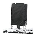 Black RV electric tongue jack cover with D-ring and chain for secure protection