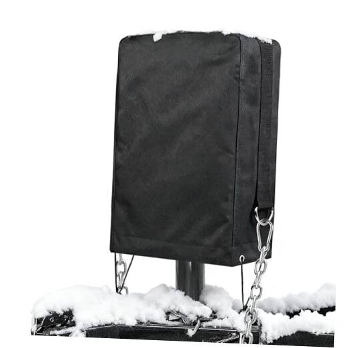 Black RV electric tongue jack cover with D-ring and chain for secure protection