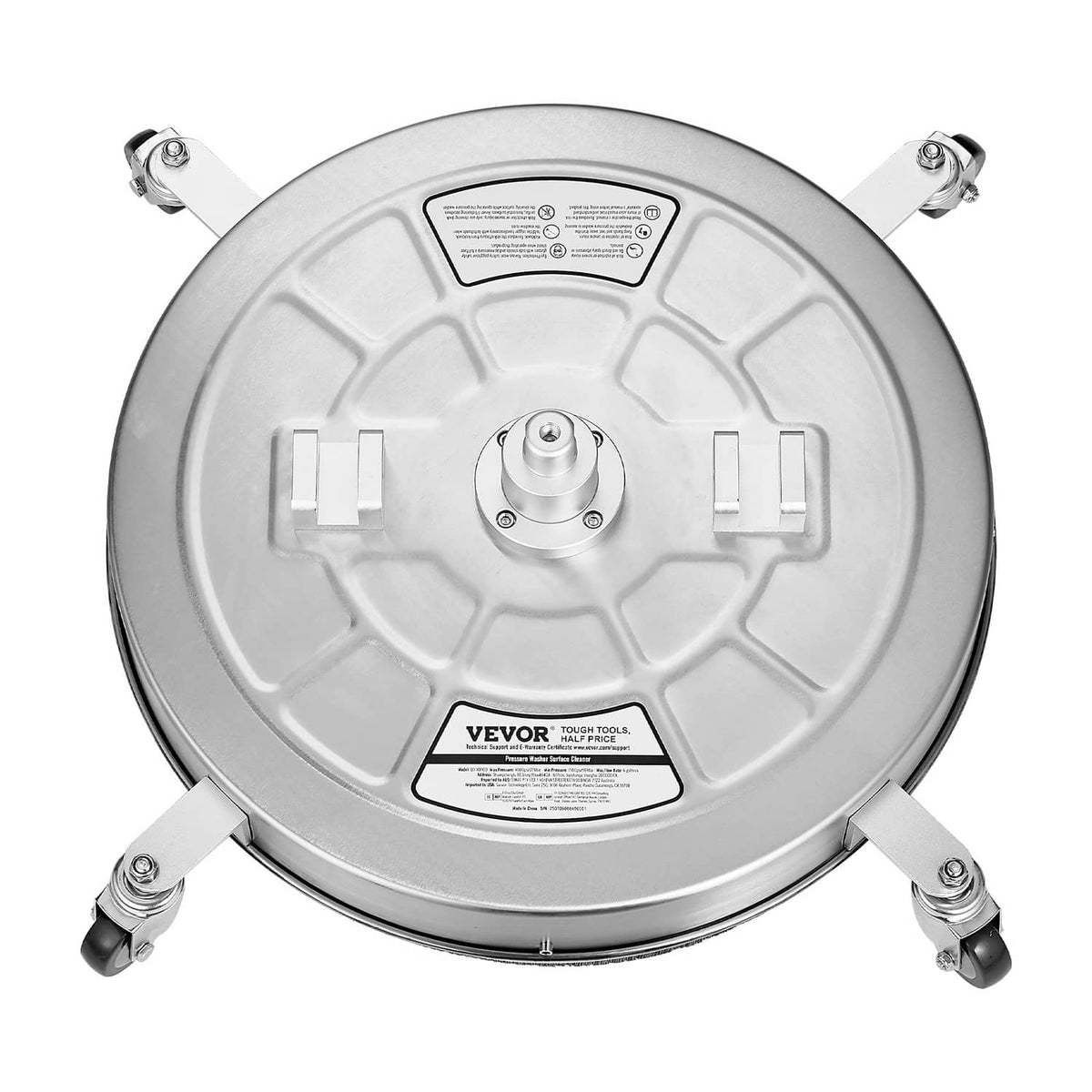 Pressure washer surface cleaner top view with 4 caster wheels and center inlet port