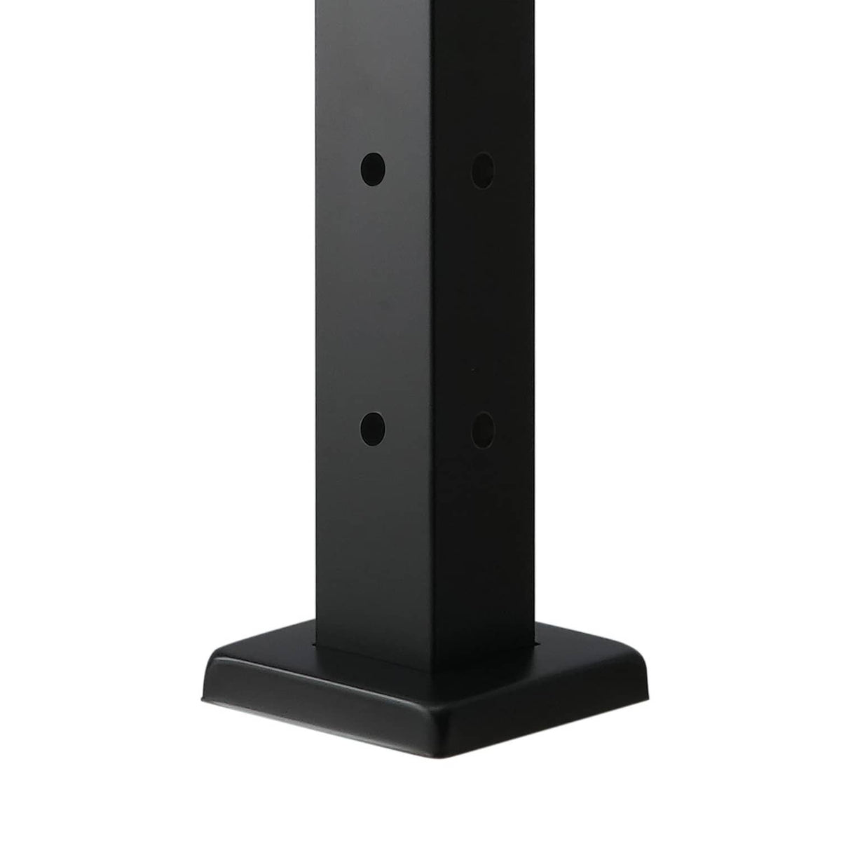 Black cable railing post base with vertical L-shaped hole pattern.