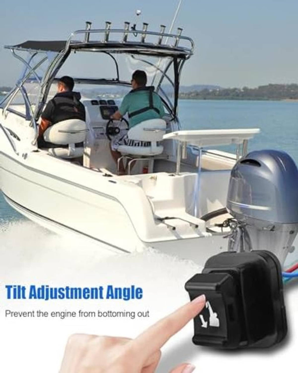 Black tilt adjustment switch with finger grip and colored wires near outboard motor