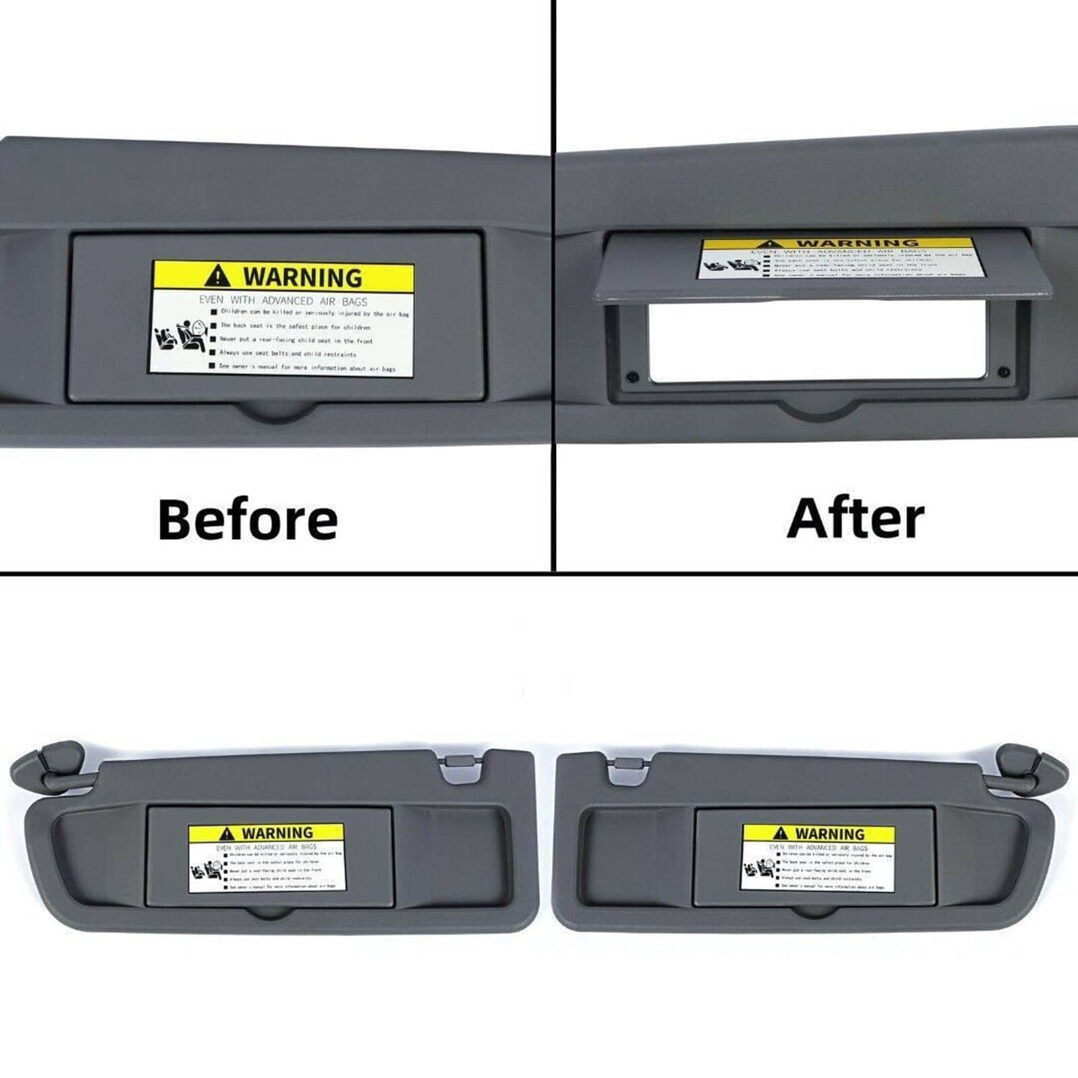Pair of dark gray sun visors with AIR BAG WARNING labels and cutout openings