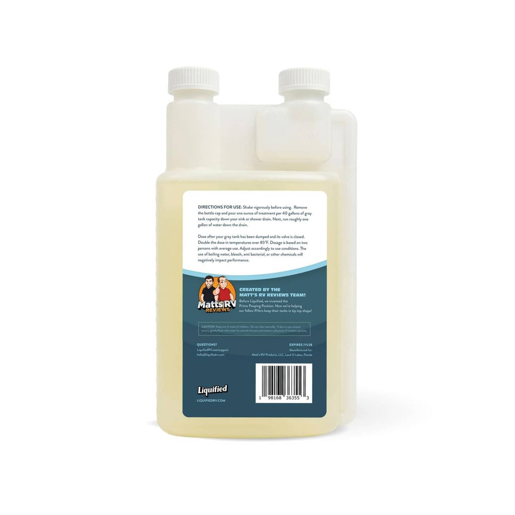 Gray tank treatment bottle with back label, barcode, and two white caps