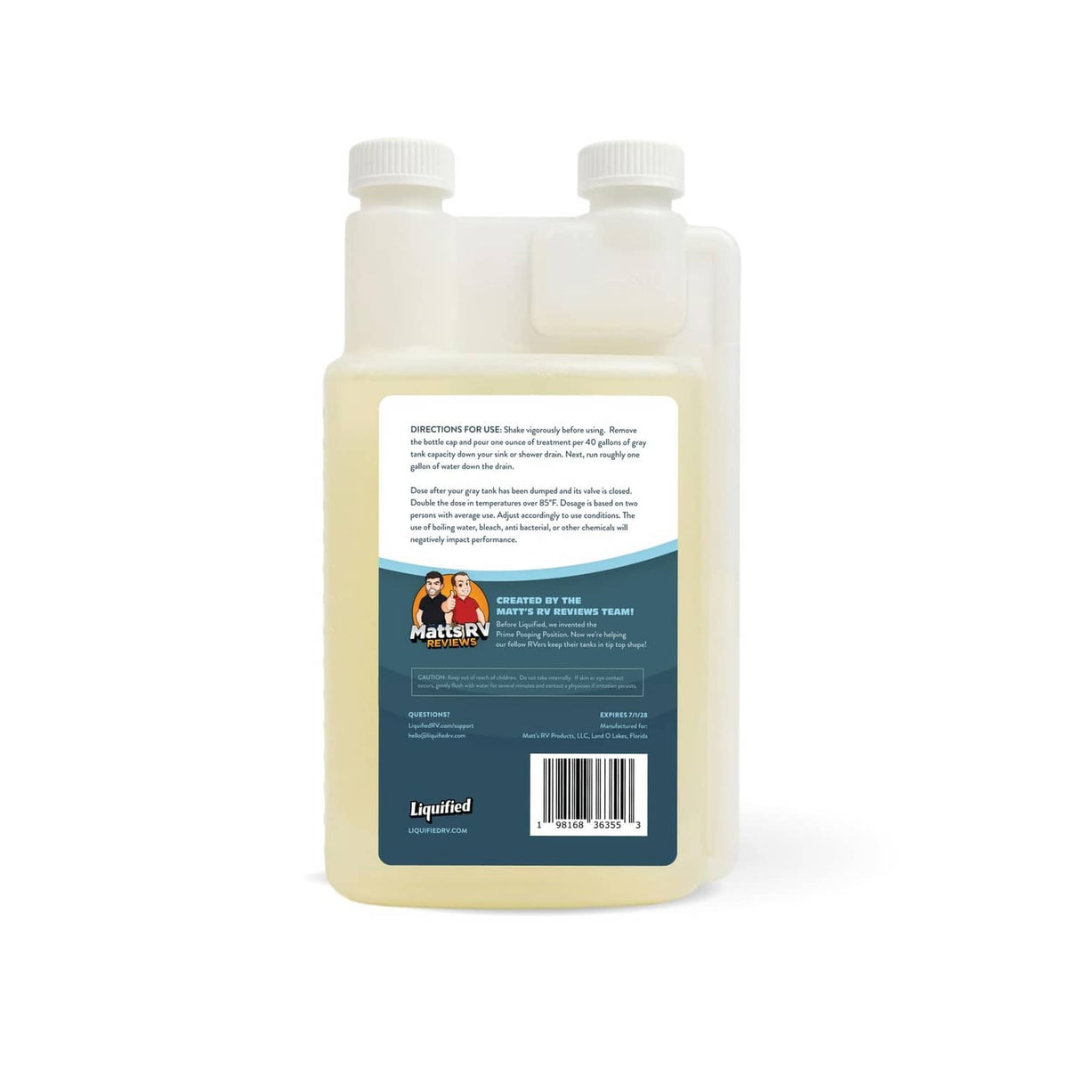Gray tank treatment bottle with back label, barcode, and two white caps