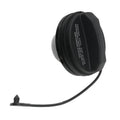 Black round fuel cap with tether cord, angled side view