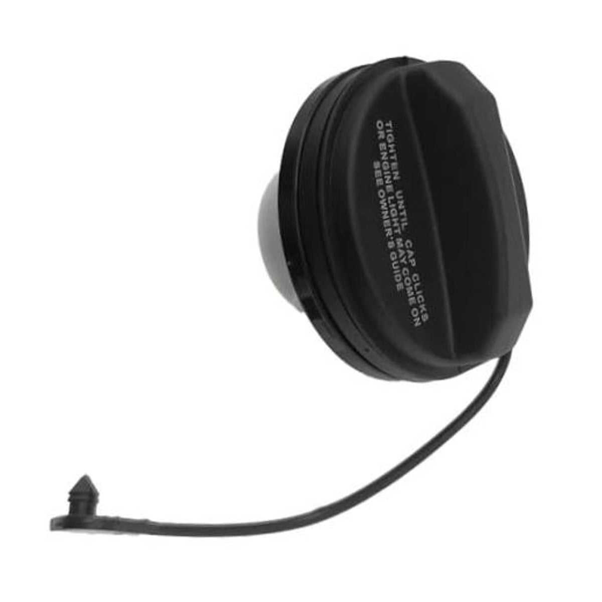 Black round fuel cap with tether cord, angled side view