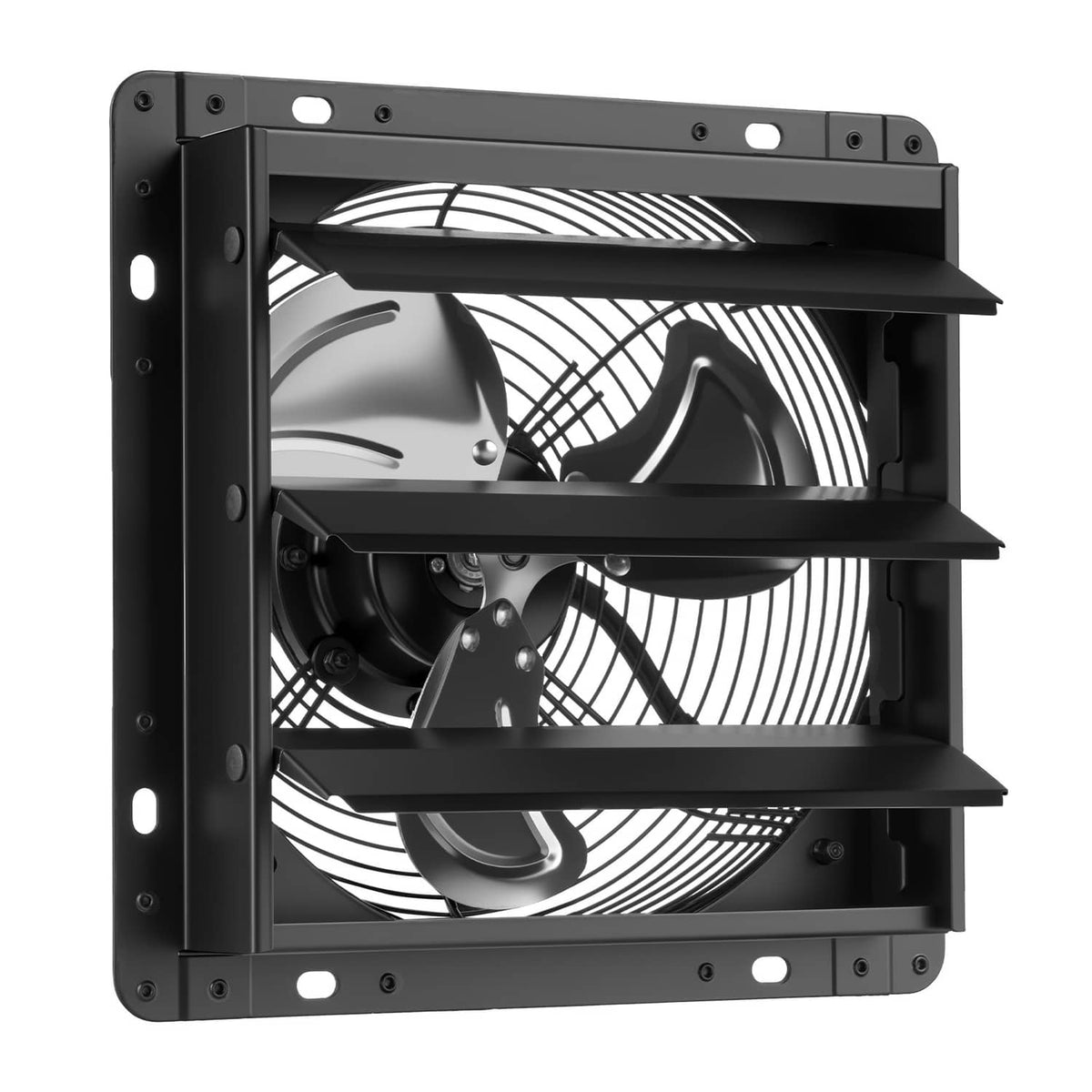 Black wall-mounted exhaust fan with louvered frame and visible impeller in grille