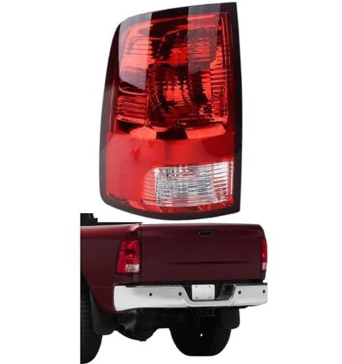 Left driver-side taillight with red housing and clear lower lens, rear lamp
