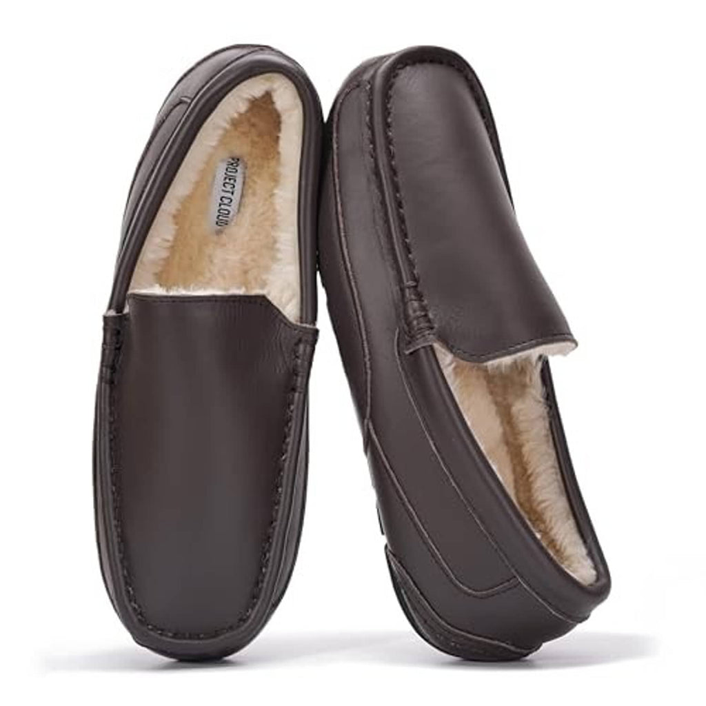 Men's dark brown leather slip-on house shoes, side and front view, plush lining
