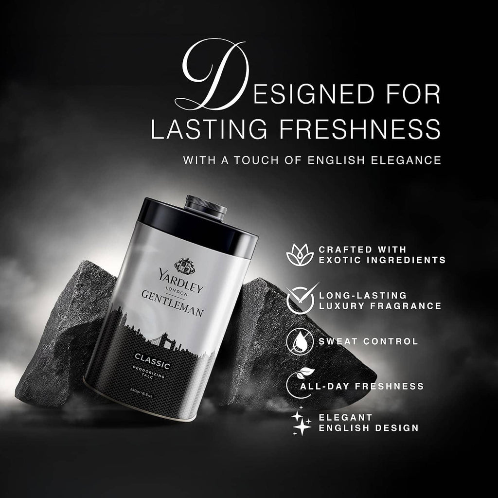 YARDLEY Gentleman talcum powder canister, black cap and silver label, Classic