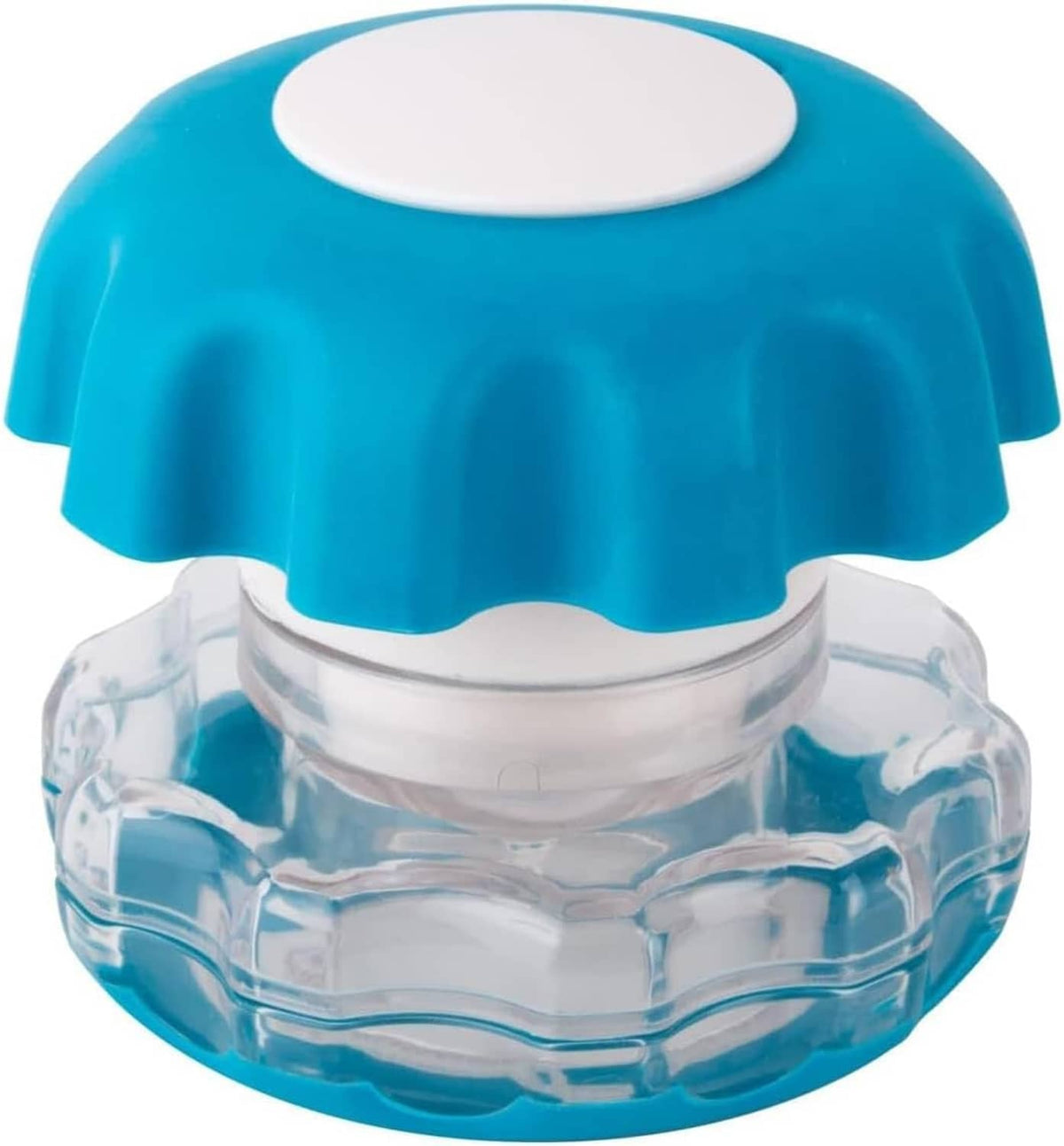 Clear storage container base with blue lid for crushing tablets