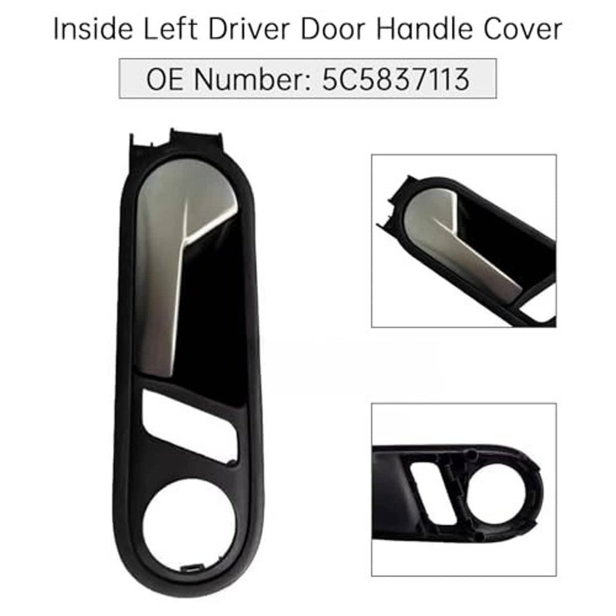 Interior left driver door handle cover set view, black frame with beige panel and openings