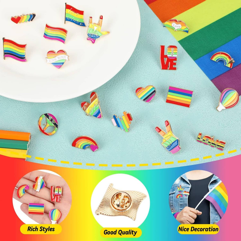 Rainbow Pride enamel pins featuring rainbows, hearts, and hand symbols on display.
