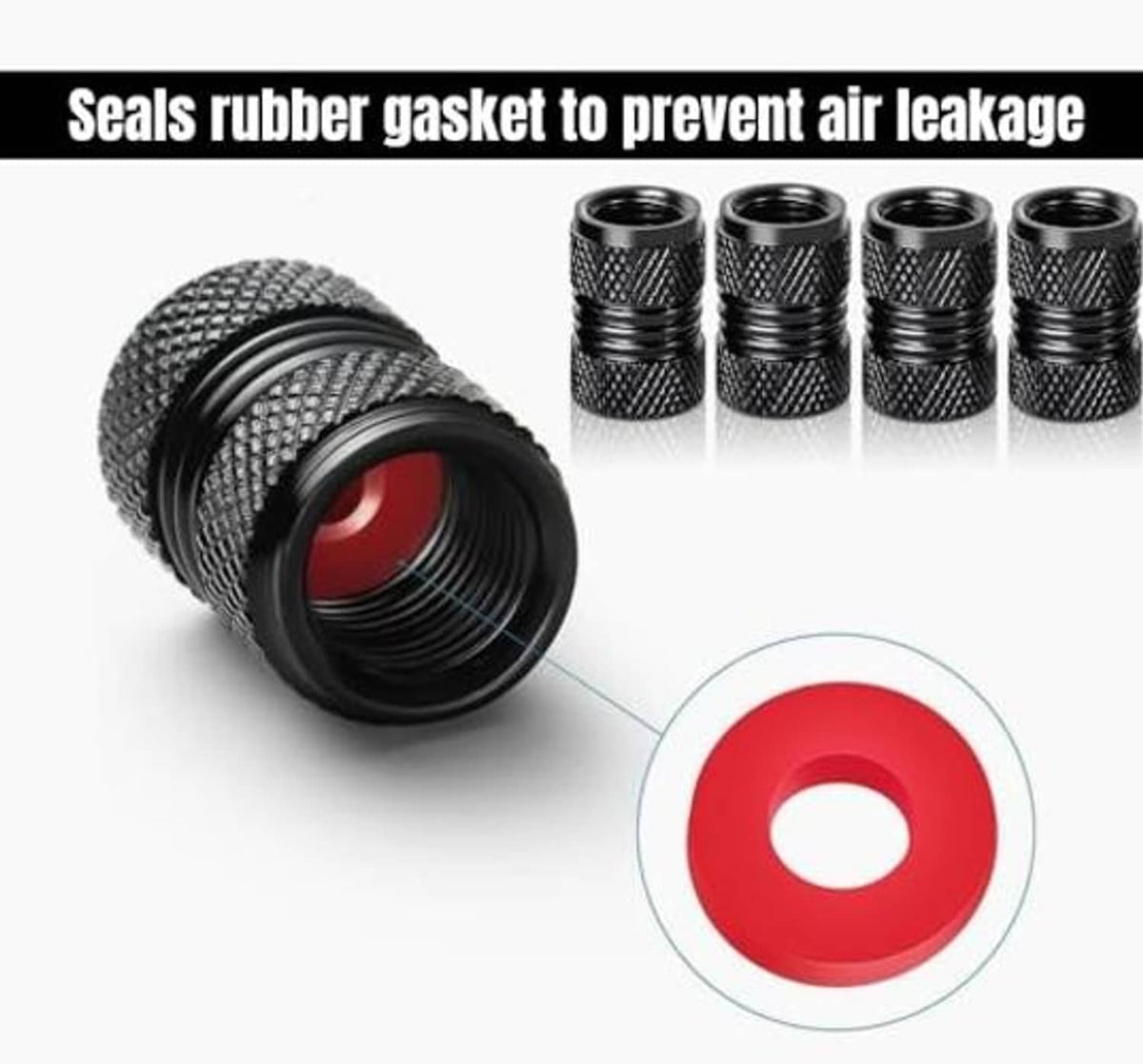 Black metal tire valve caps with red logo plus rubber gasket for sealing