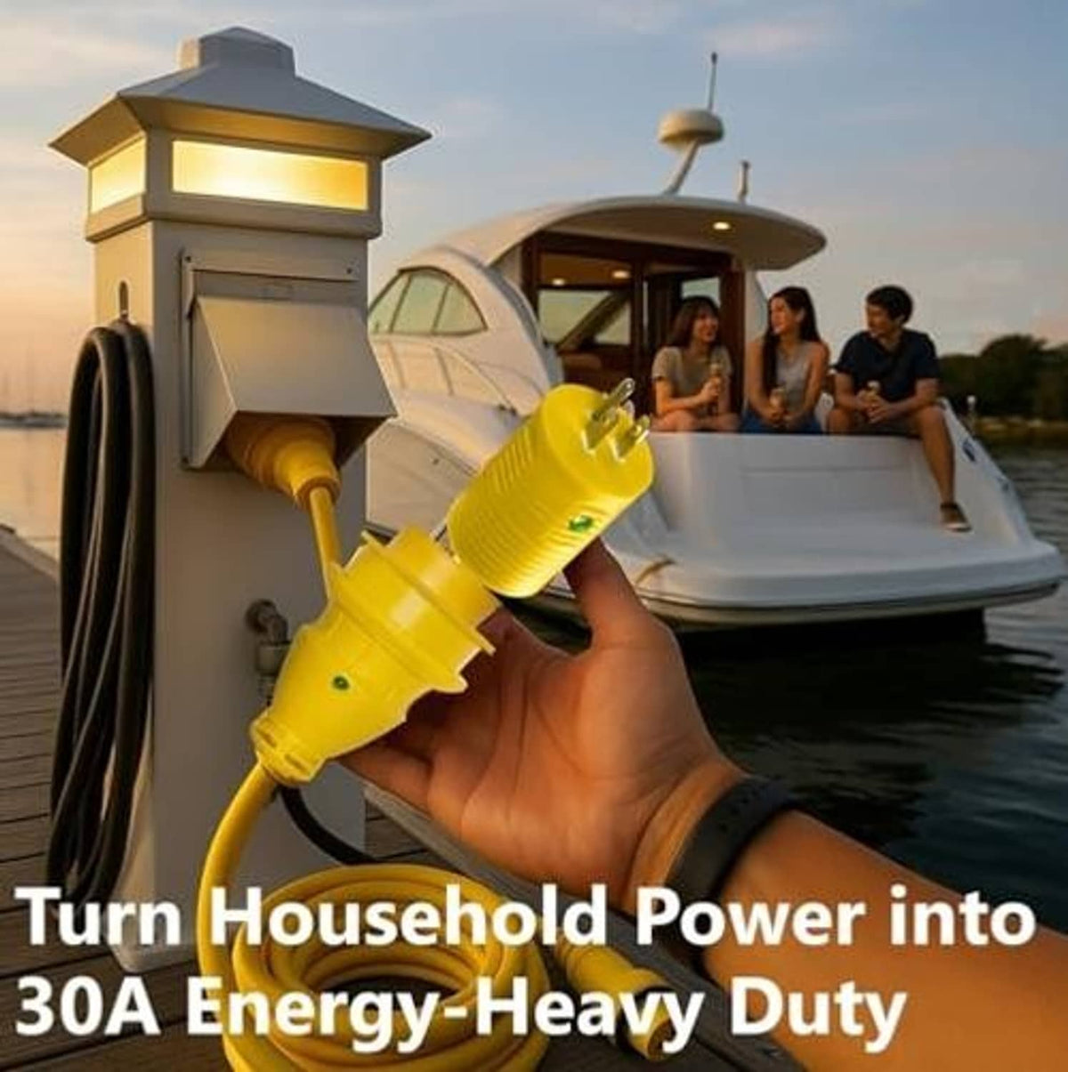 Yellow power adapter plug with two prongs and green LED indicator, connected to twist-lock socket