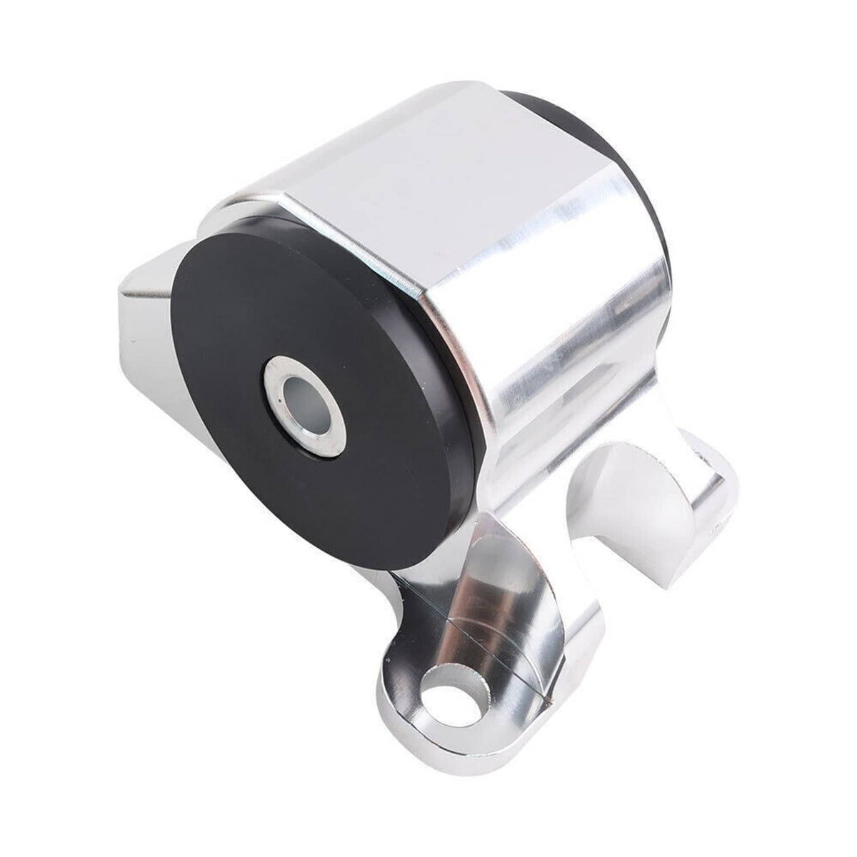 Motor mount with black rubber bushing, silver housing, and U-shaped mounting bracket