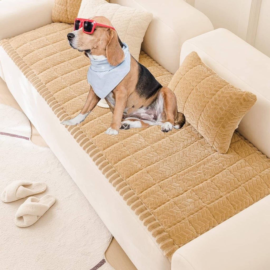 Brown fuzzy sofa cover with quilted texture on a pet couch seat