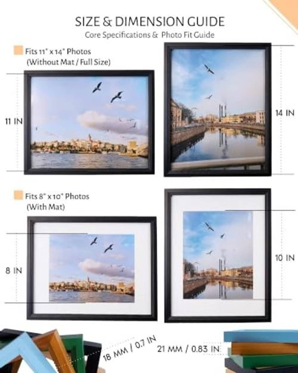 Black 11x14 wooden picture frame size diagram for photos with and without mat
