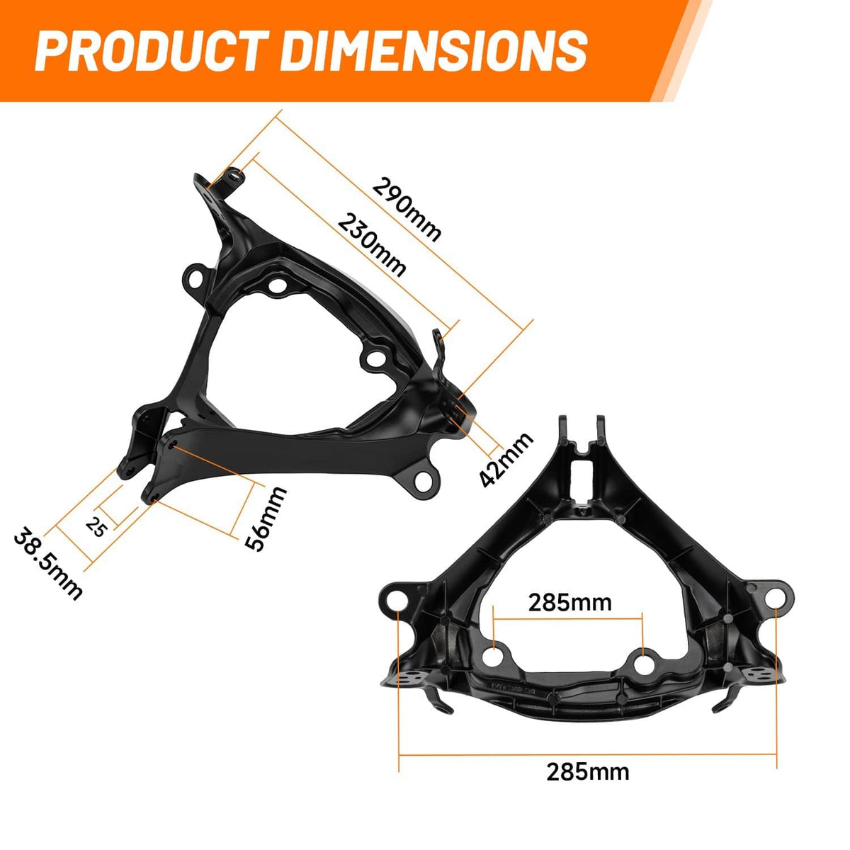 Black front fairing bracket shown with product dimension lines and mounting points
