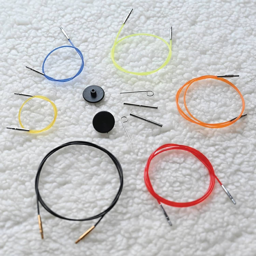 Assorted color 360° swivel circular knitting cables with silver tips and black end caps