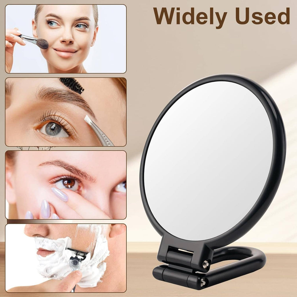 Black round 10x handheld magnifying mirror with foldable base, clean reflective face