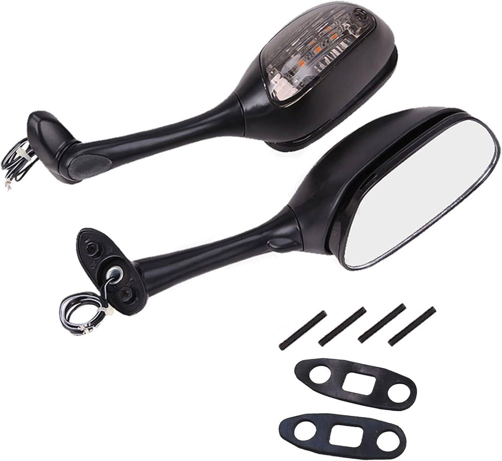 Motorcycle rearview mirrors with amber turn signals, black housings, include mounting hardware