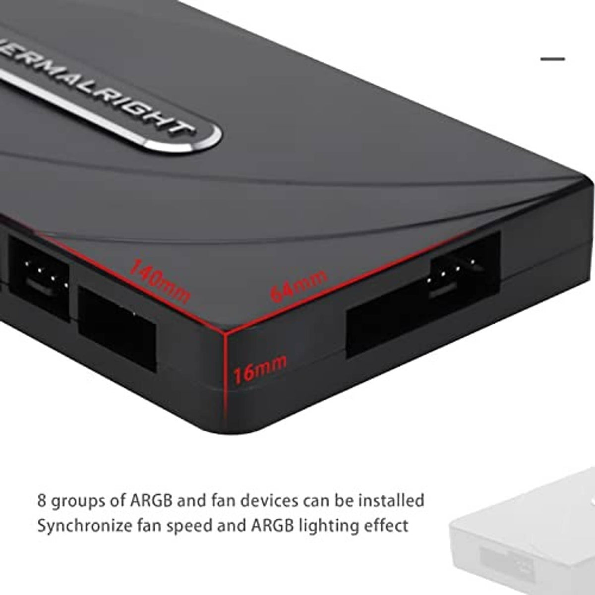 ARGB fan hub controller with multiple 4-pin fan ports on side edge; red measurement marks