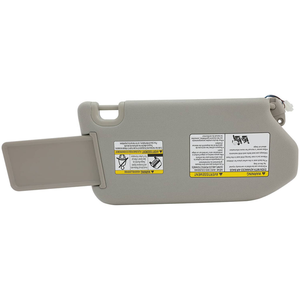 Gray left driver sun visor with lamp, vanity mirror cover and warning labels
