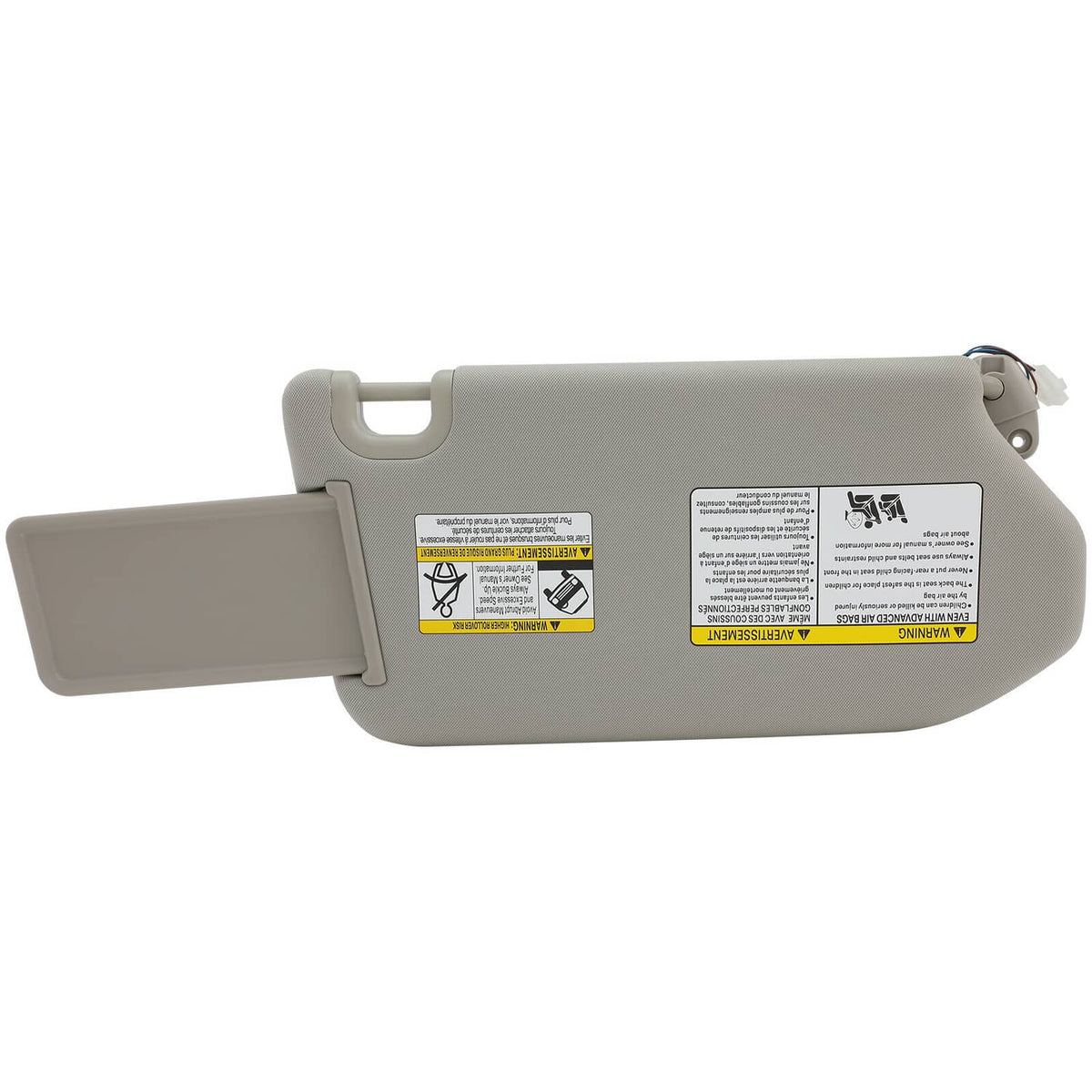 Gray left driver sun visor with lamp, vanity mirror cover and warning labels