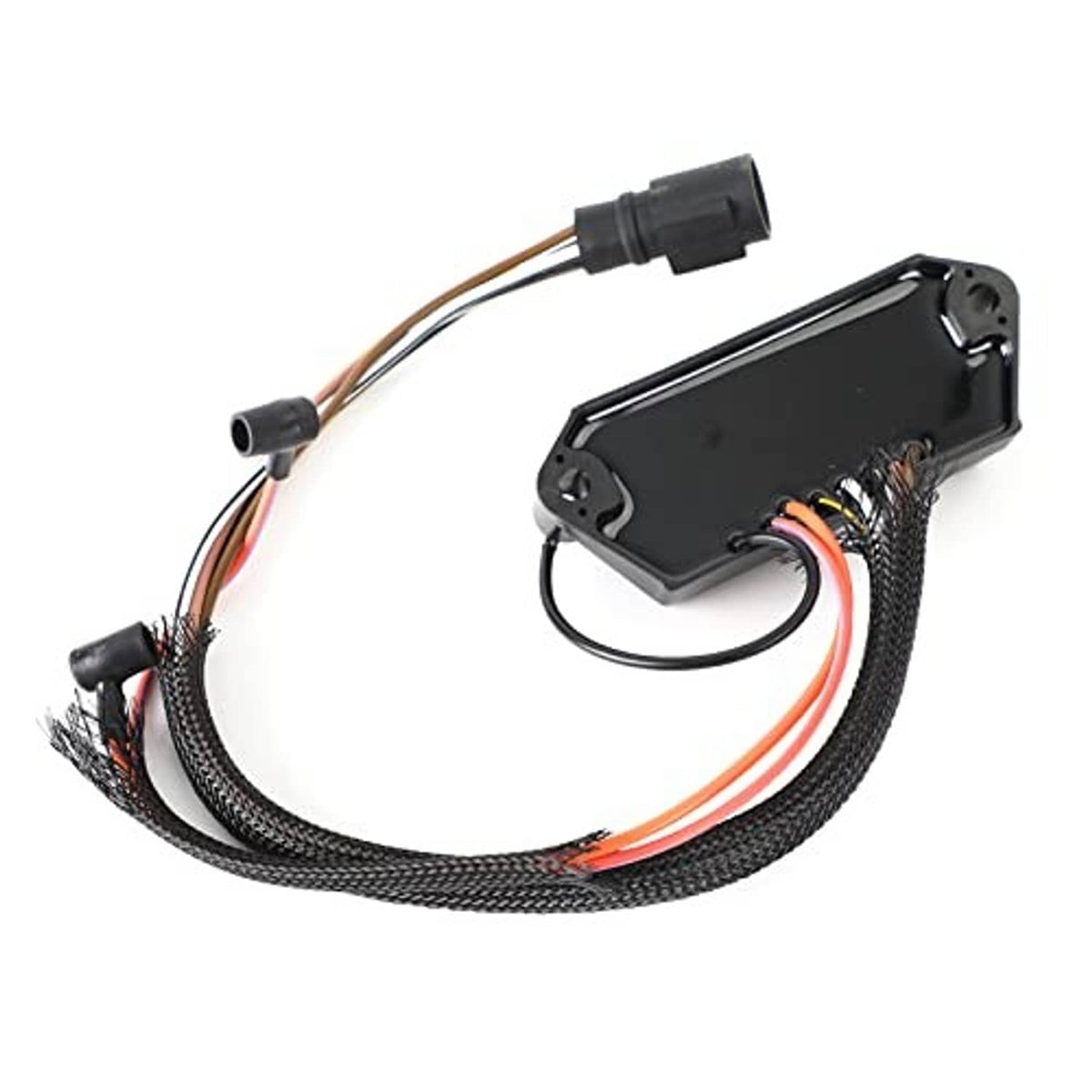 CDI switch box assembly with black module, bundled braided wires, and two external connector ends