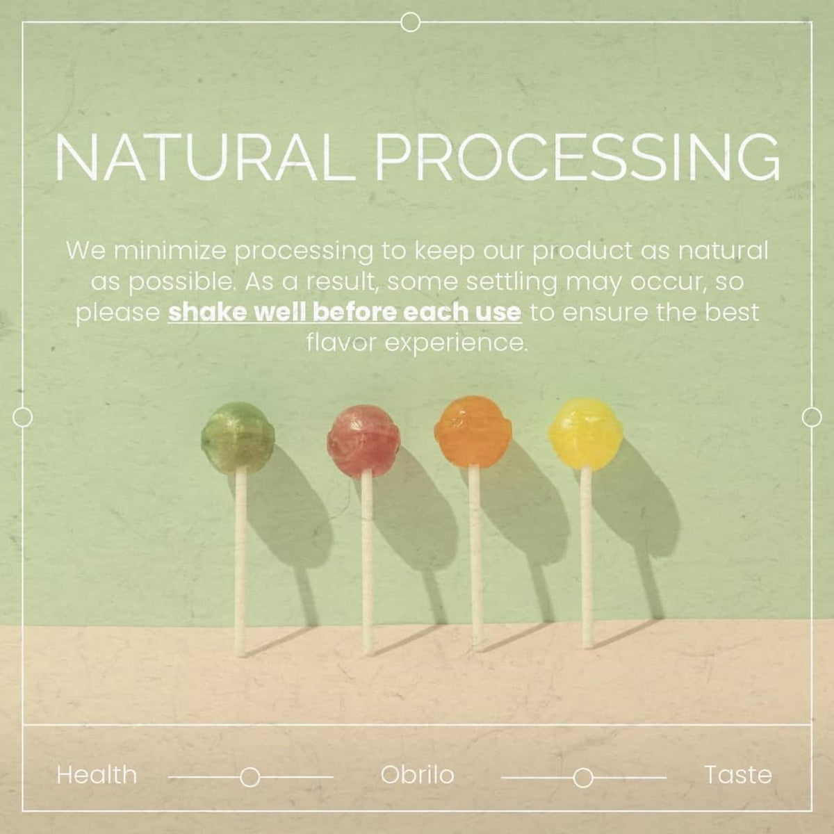 Natural processing marketing graphic with colorful ingredient lollipops on sticks