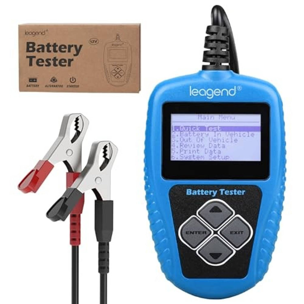 Blue handheld battery tester with LCD screen and two clamp connector cables